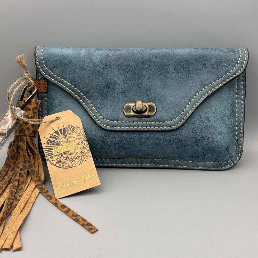 Catchfly Studio Bohemian Blue Brown vegan Leather Clutch Wristlet leopard tassel